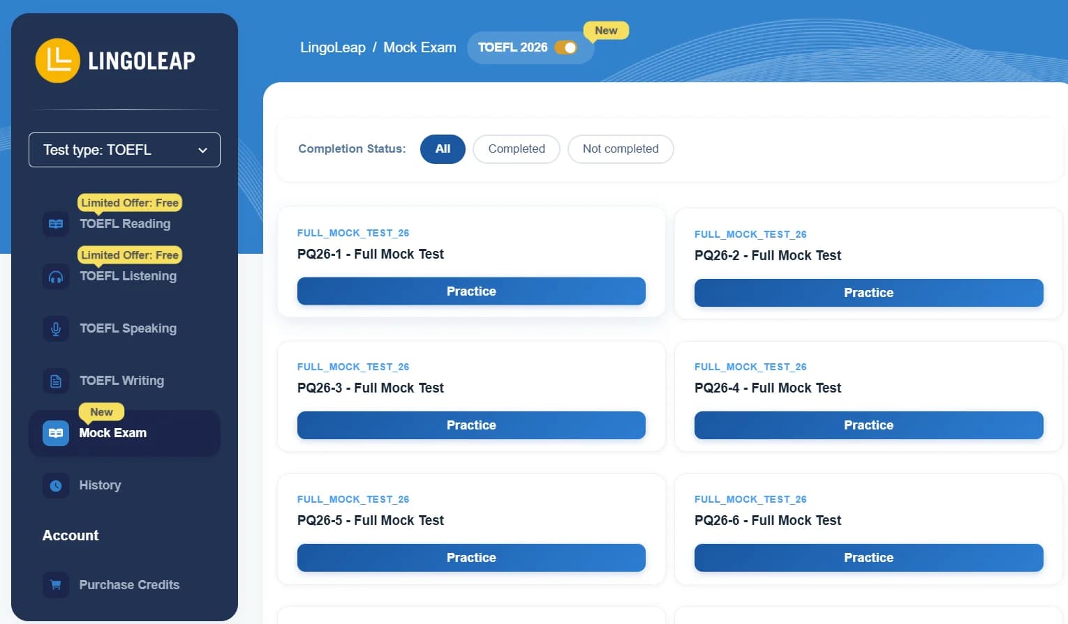 LingoLeap TOEFL 2026 Mock Exam dashboard showing six full mock tests labelled PQ26-1 through PQ26-6 with Practice buttons
