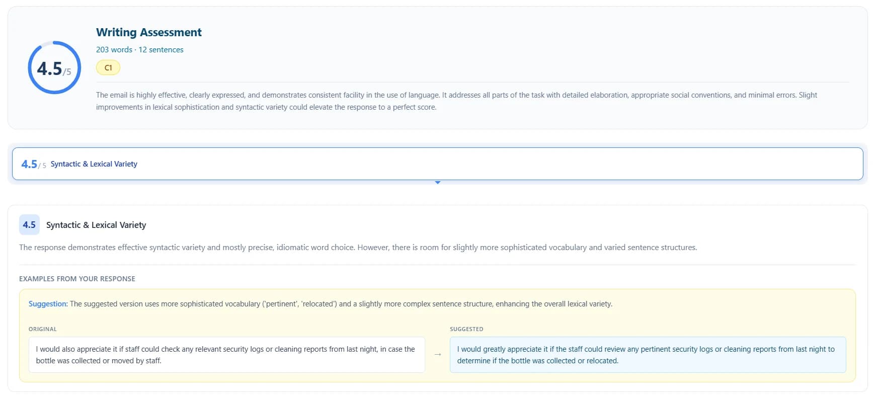 LingoLeap Writing AI feedback report — Writing Assessment 4.5 of 5 with C1 CEFR level on a 203-word email response, plus a Syntactic & Lexical Variety panel showing an original sentence and a more sophisticated suggested rewrite using pertinent and relocated