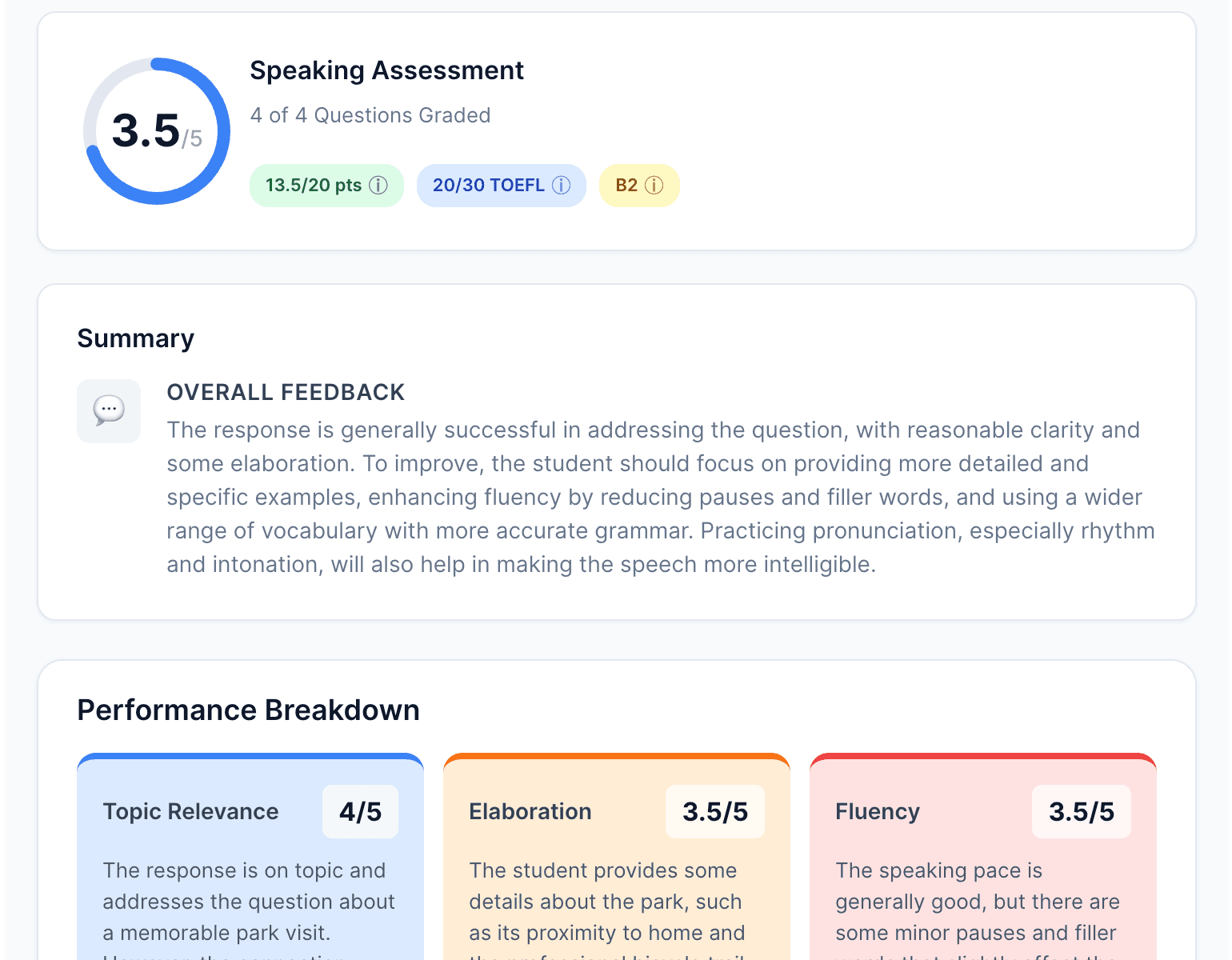 AI Speaking assessment with performance breakdown